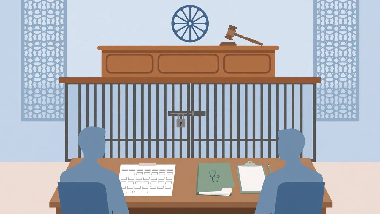 Editorial illustration of a neutral courtroom with a judge bench, gavel and a closed prison gate in the background