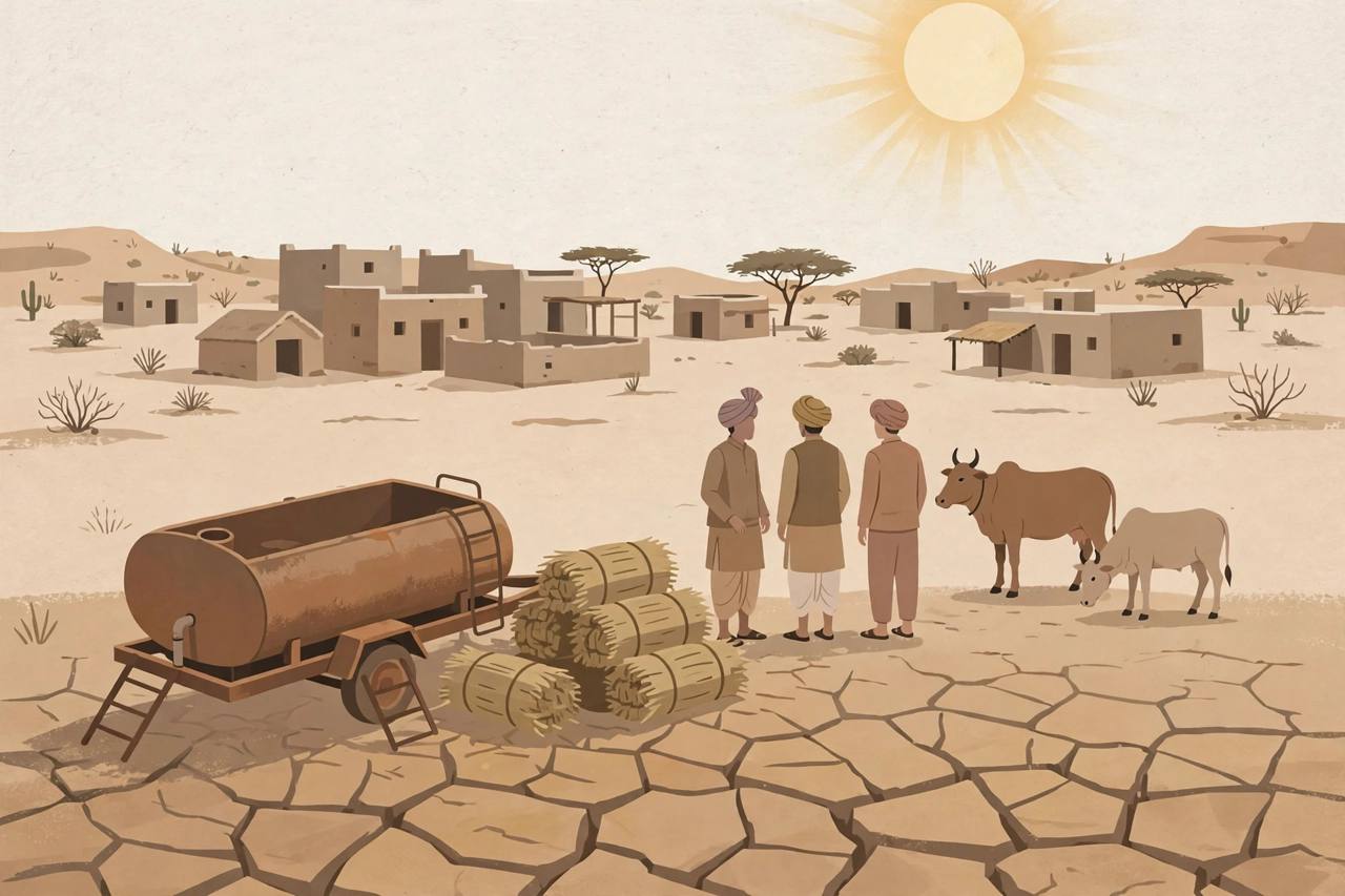 Editorial illustration of a drought-hit desert village in western Rajasthan with dry earth, a water tanker and fodder bundles