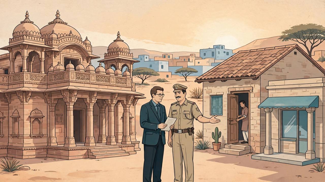 Editorial illustration of a sandstone courthouse in Jodhpur, a bank officer holding an official court order and a police officer assisting at the door of a house