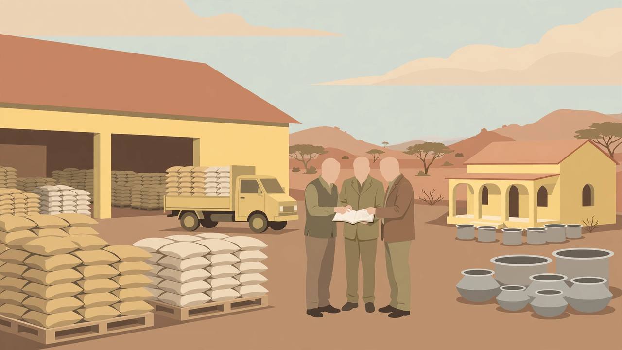 Editorial illustration of a government grain warehouse in Kota with stacked wheat and rice sacks, a truck, and a school building nearby