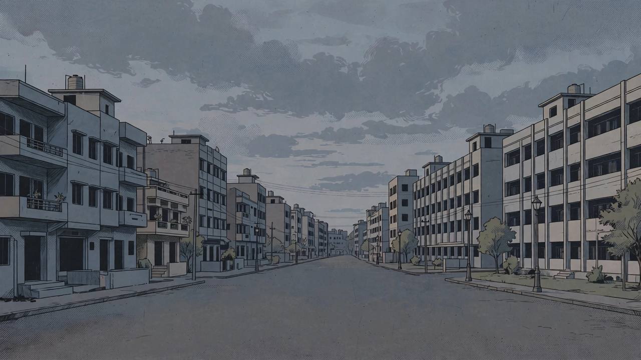 Editorial illustration of a quiet coaching-hub street in Kota at dusk, with hostel buildings and dark windows