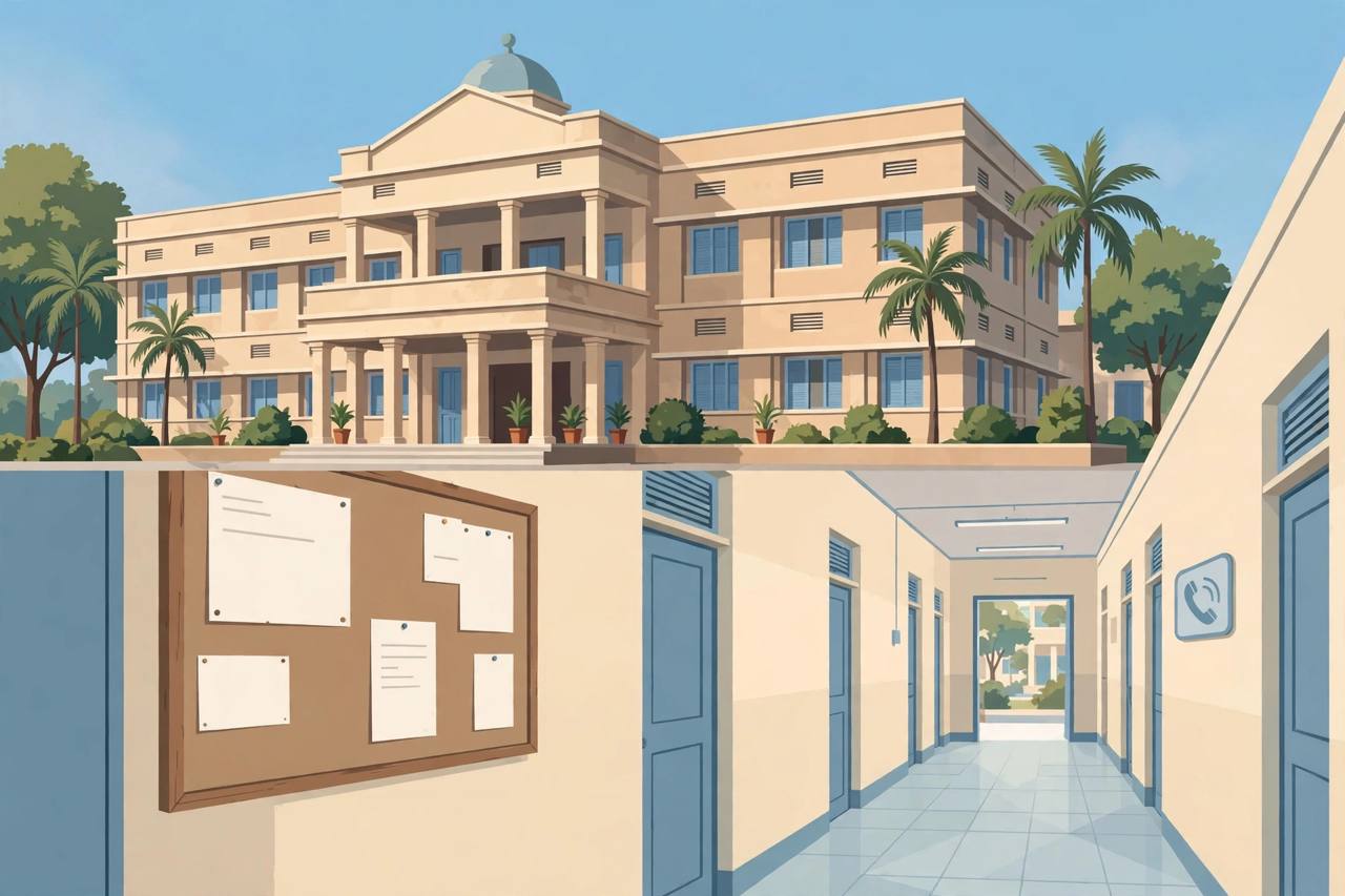 Editorial illustration of a government medical college building and an empty hostel corridor in Rajasthan