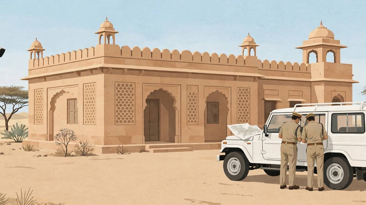 Editorial illustration of a police station and police jeep in Rajasthan with a CCTV camera in the foreground