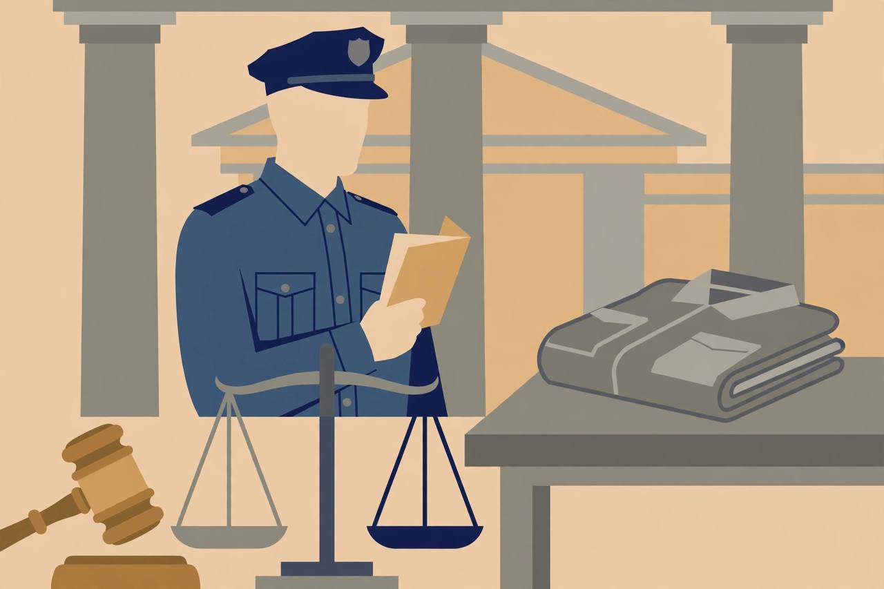 Editorial illustration of a judge's gavel and scales of justice with a generic paramilitary employee holding a reinstatement order and a folded laundry uniform