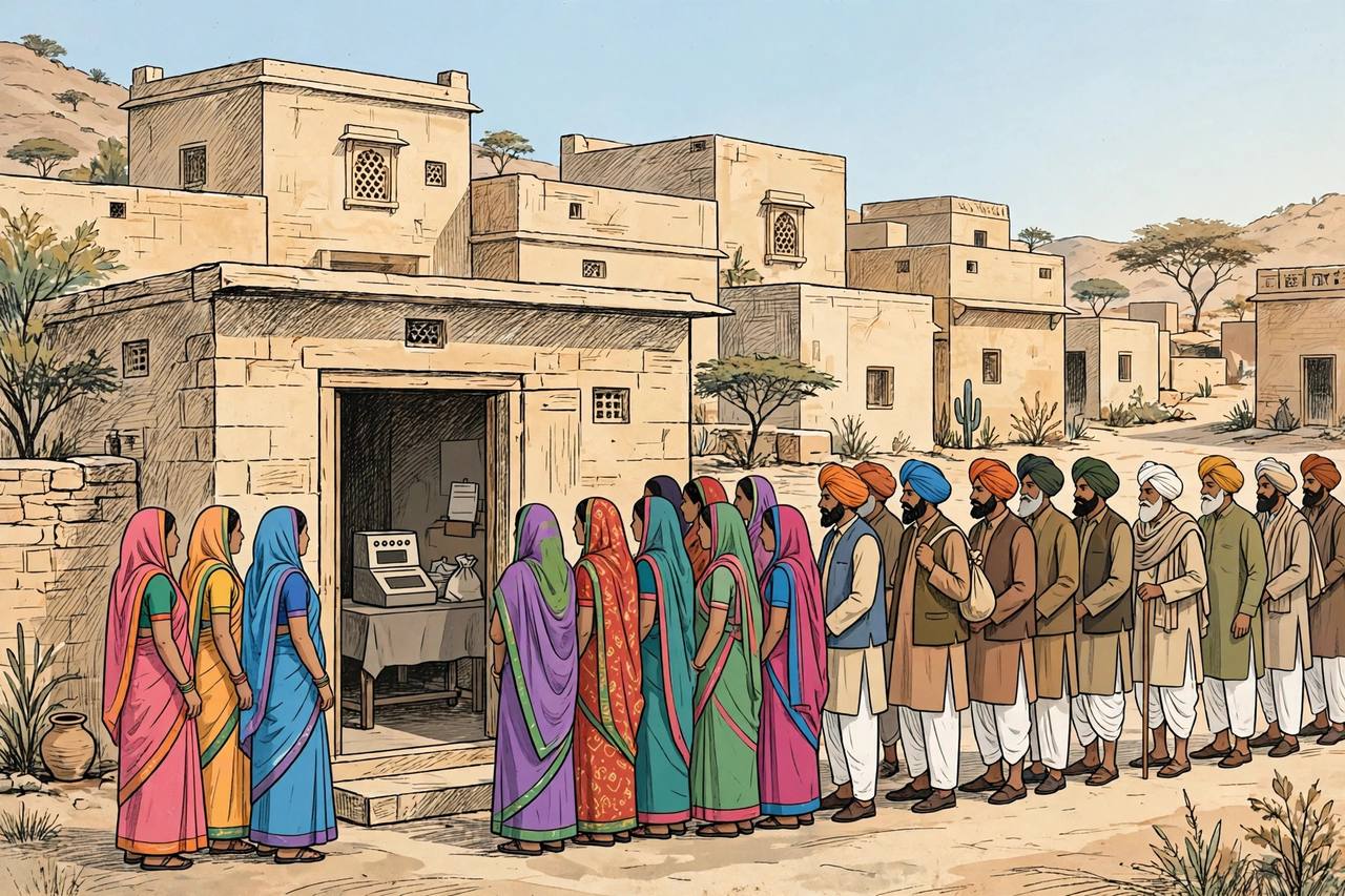 Editorial illustration of rural voters queueing outside a village polling station in Rajasthan
