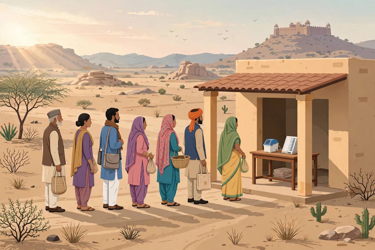Editorial illustration of voters queuing outside a polling station in Rajasthan with an electronic voting machine on a table
