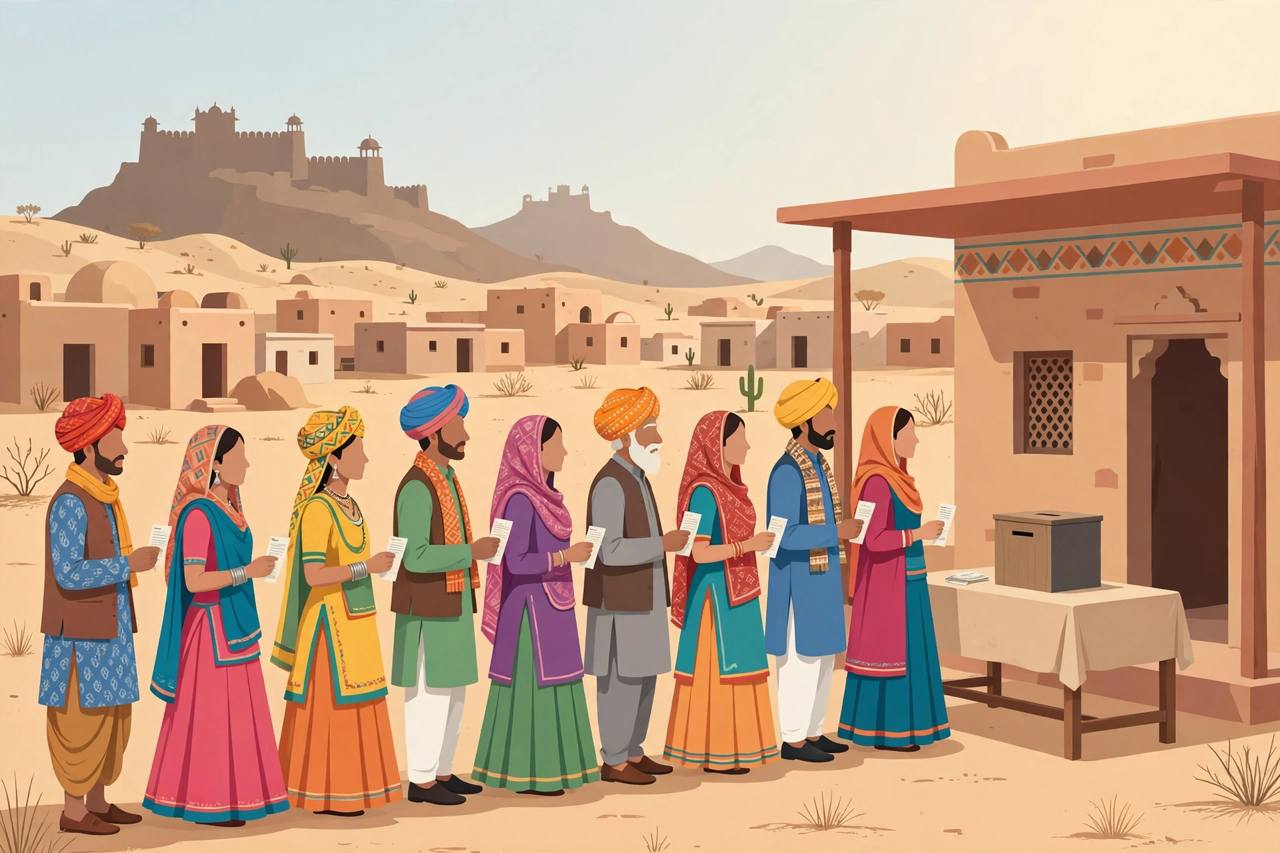 Editorial illustration of rural voters in Rajasthani clothing queueing outside a village polling station with a ballot box in Rajasthan