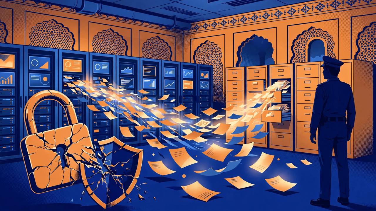 Editorial illustration of a cracked padlock and leaking case files in a police server room in Rajasthan