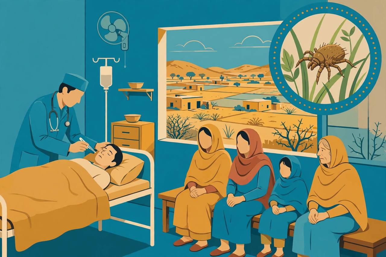 Editorial illustration of a doctor examining a fever patient at a Rajasthan district hospital, with a magnified mite on grass in an inset