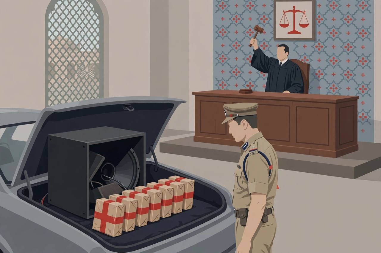 Editorial illustration of a judge raising a gavel in a courtroom, with a car boot in the foreground showing a speaker box and wrapped packets beside it and a uniformed officer standing nearby