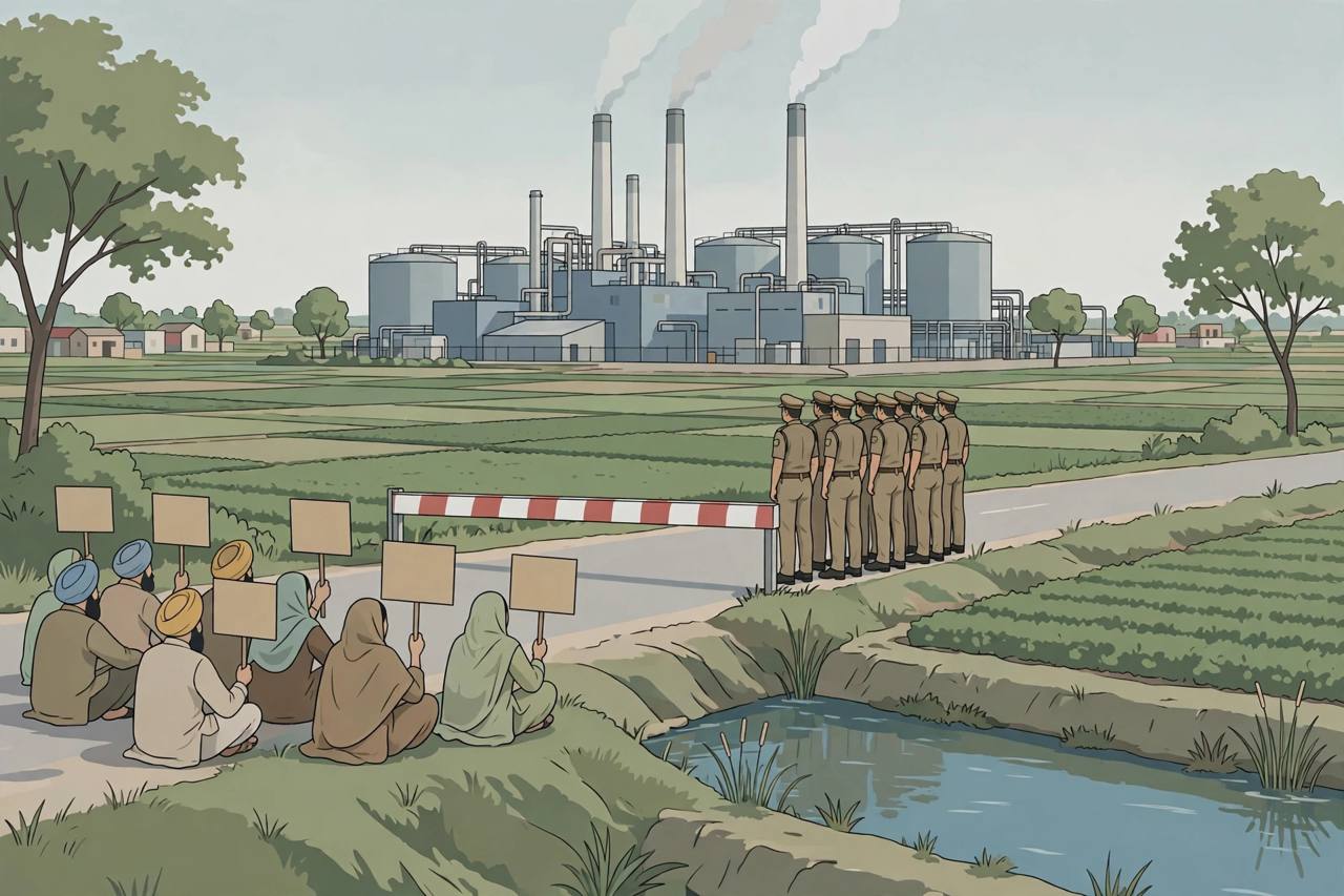 Editorial illustration of villagers at a sit-in protest outside an ethanol factory in Sangrur district, with police standing across a closed village road