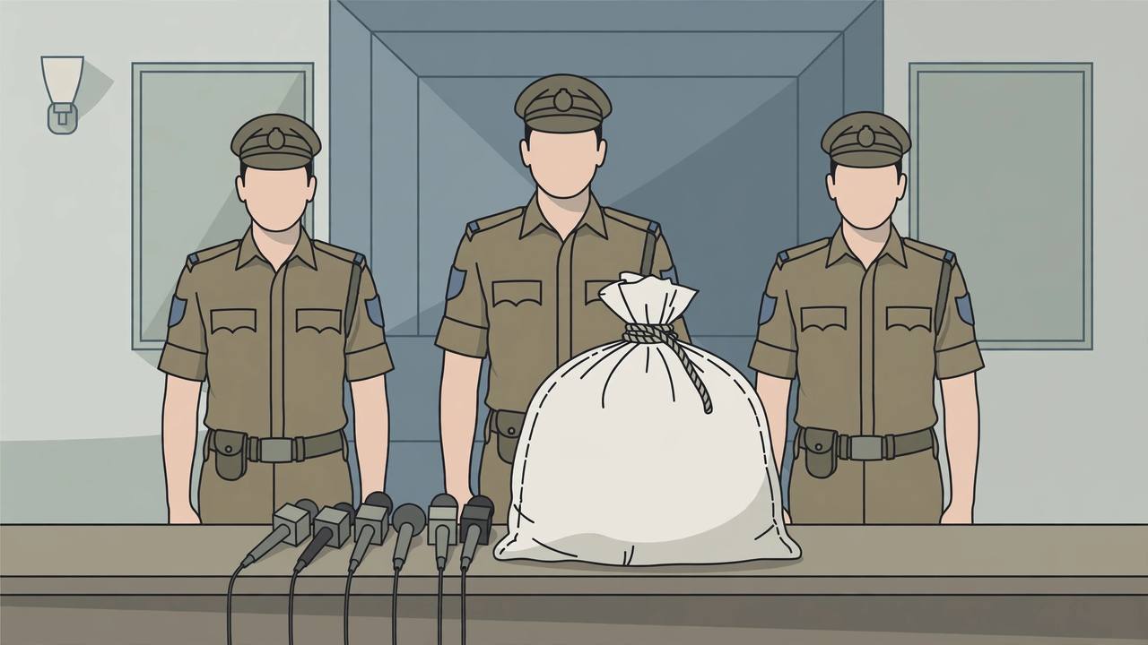 Editorial illustration of a Punjab Police press briefing with a large sack of seized opium displayed on a table