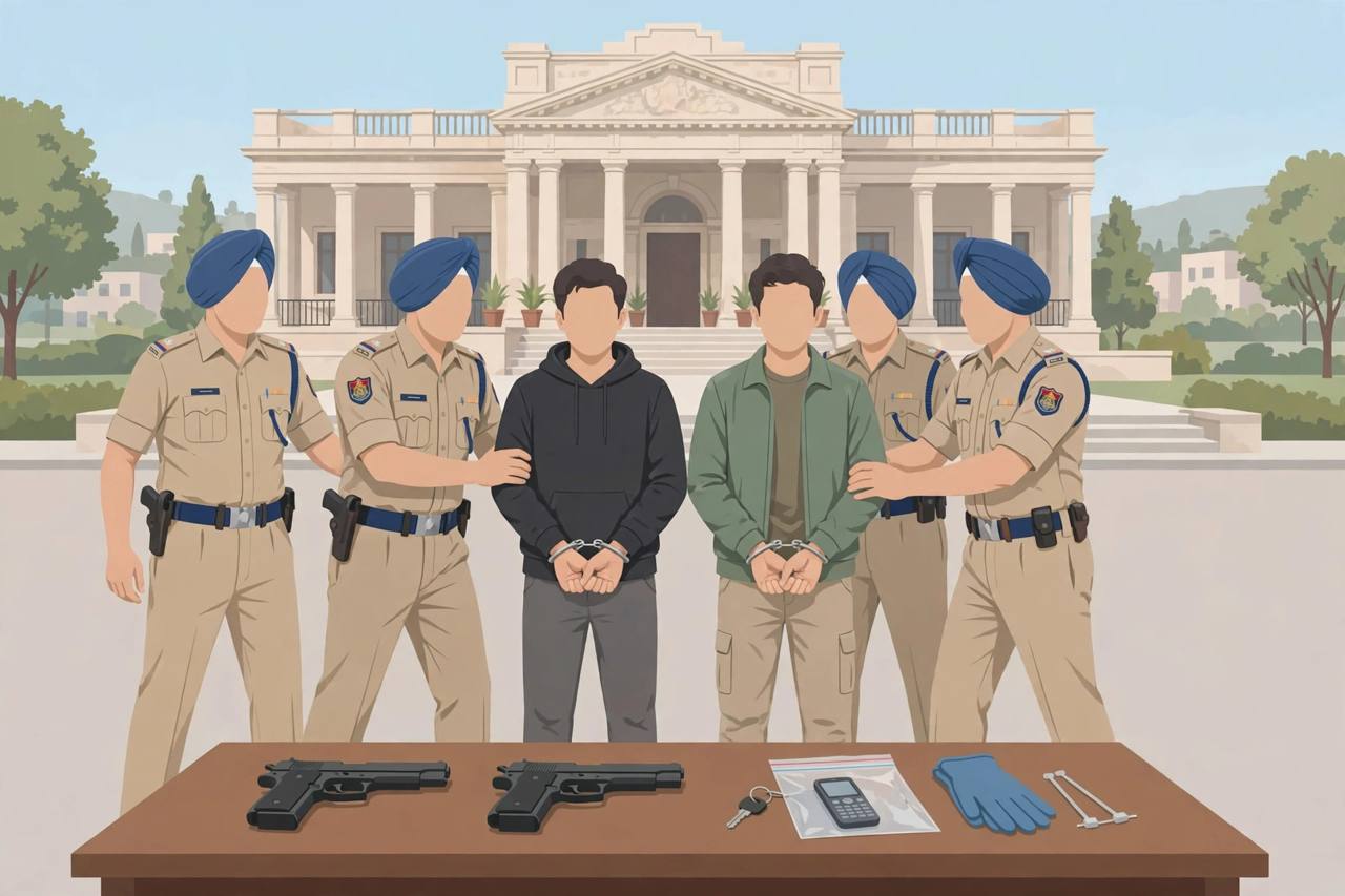 Editorial illustration of Punjab Police officers arresting two generic handcuffed men outside a court building, with two pistols on an evidence table