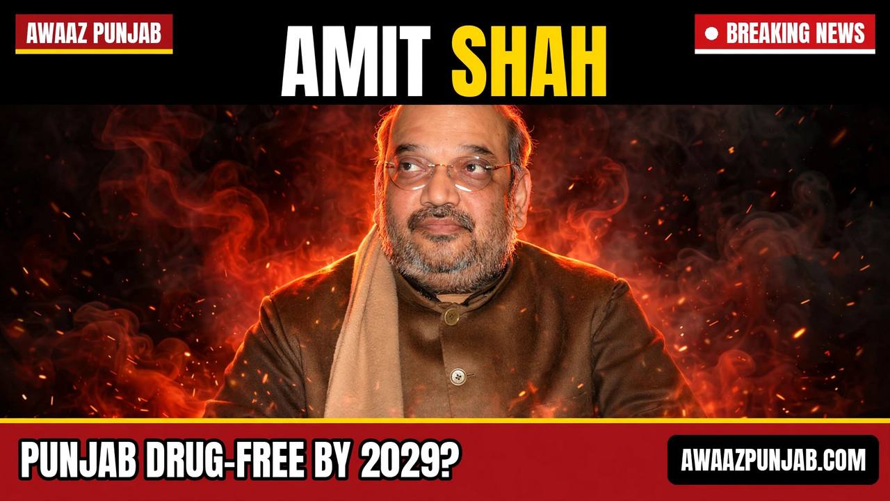 Awaaz Punjab branded graphic: Union Home Minister Amit Shah, with the headline 'Punjab drug-free by 2029?'