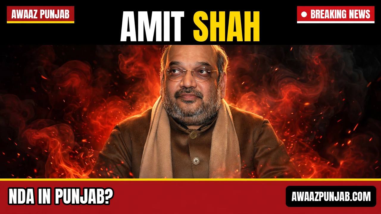 Branded Awaaz Punjab thumbnail carrying a real file photograph of Union Home Minister Amit Shah, with the headline 'NDA in Punjab?'
