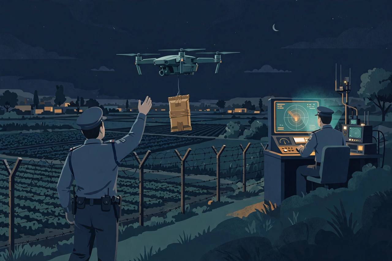 Editorial illustration of a drone carrying a packet over a border fence at night while a generic anti-drone unit officer watches a radar console