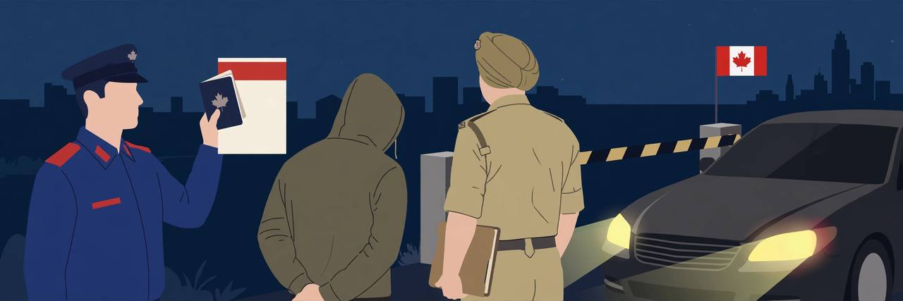 Editorial illustration of a Canadian border officer checking a passport beside a stopped car at night, with a Punjab Police officer standing nearby