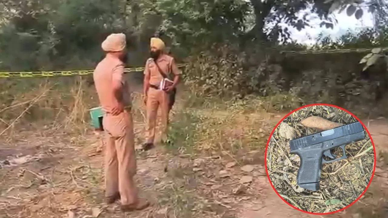 Punjab Police officers at the cordoned encounter site in the Goindwal Sahib area of Tarn Taran, with the recovered pistol inset