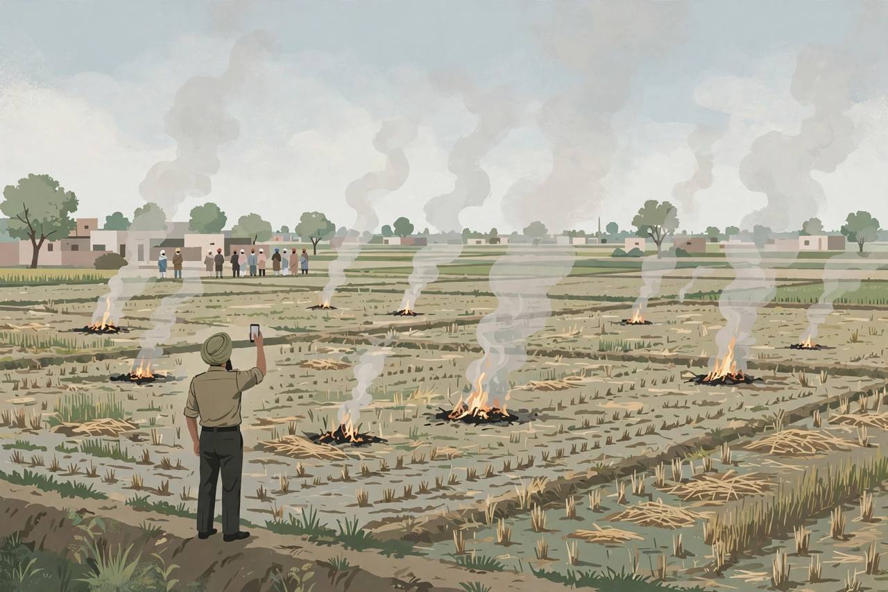 Editorial illustration of a field officer filming stubble fires in a Punjab paddy field, with smoke rising over village fields in Tarn Taran district