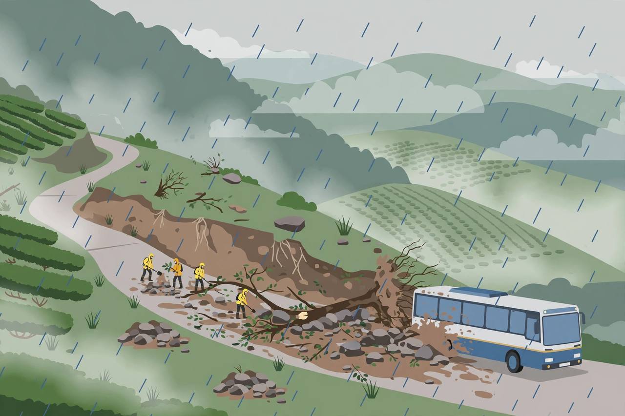 Editorial illustration of a landslide covering a mountain ghat road beside a state bus in the rainy Nilgiri hills, with rescue workers clearing debris