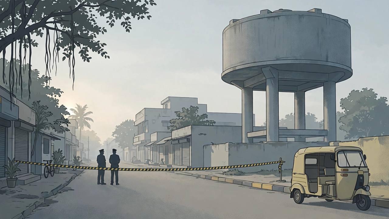 Editorial illustration of a quiet Chennai street near a water tank with a police cordon and an autorickshaw