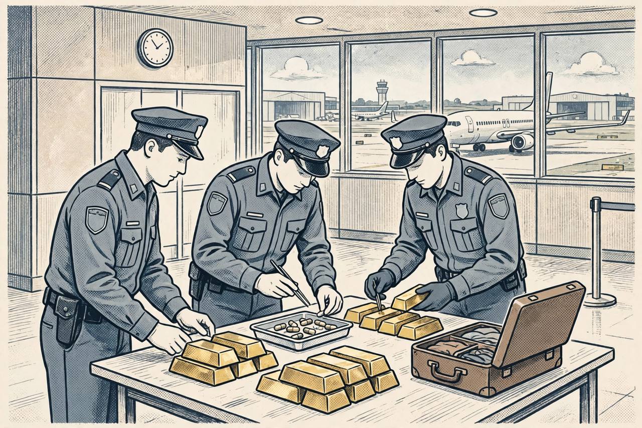 Editorial illustration of an airport customs inspection area with generic officers examining gold bars on a table beside a suitcase