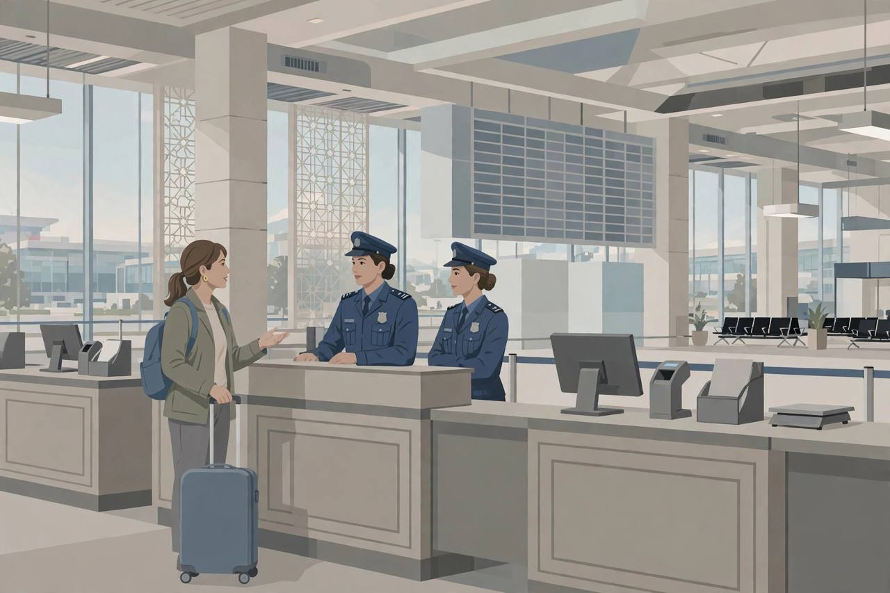 (Editorial illustration) A generic woman traveller with a rolling suitcase speaking with two generic uniformed officers at an airport check-in counter, with a blank departure board behind them