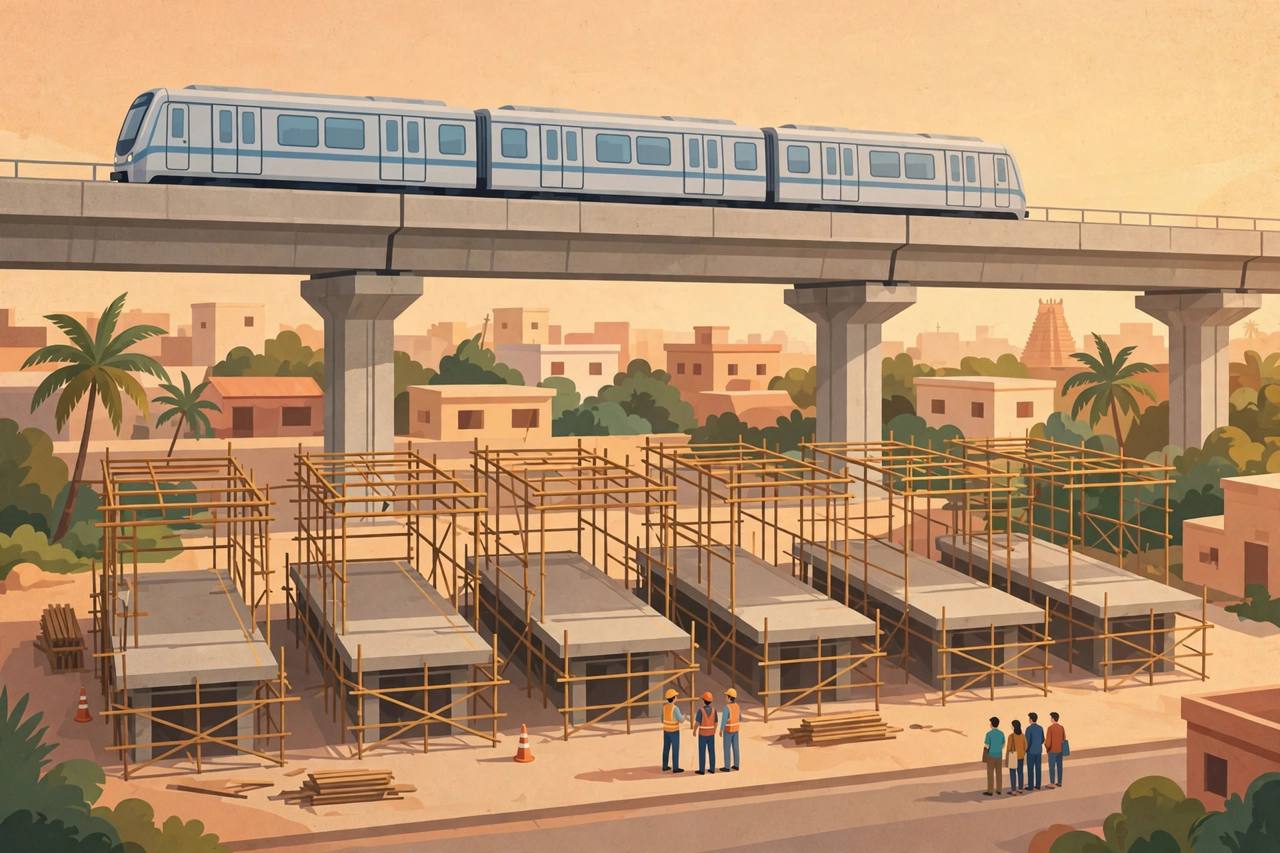 Editorial illustration of a metro train passing on an elevated viaduct in Chennai above six unfinished station platforms with scaffolding, workers and waiting commuters