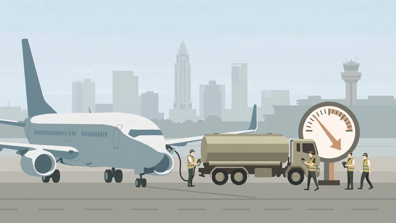(Editorial illustration) A passenger jet being refuelled by a fuel tanker at Chennai airport with a stylised fuel-price gauge pointing downward to show a tax cut