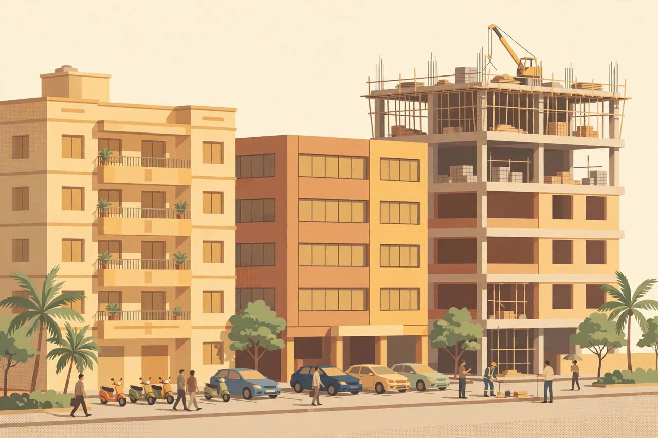 Editorial illustration of mid-rise apartment and office buildings in Chennai, one taller building under construction with a crane, cars and scooters parked at street level