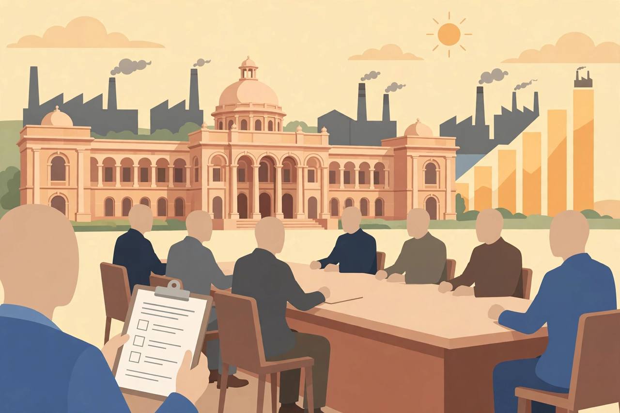 Editorial illustration of the Tamil Nadu Secretariat in Chennai with a cabinet table, factory silhouettes and a survey clipboard, representing the state cabinet's industrial incentive and Social Justice Survey decisions