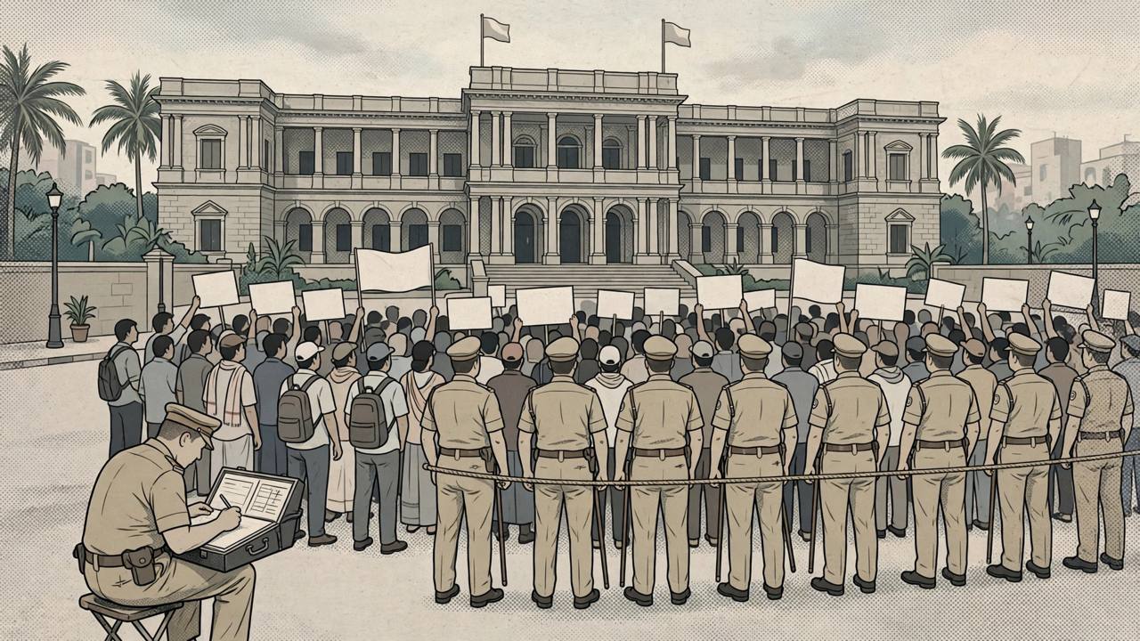 Editorial illustration of political party workers protesting outside a police commissioner office in Chennai while police hold a line