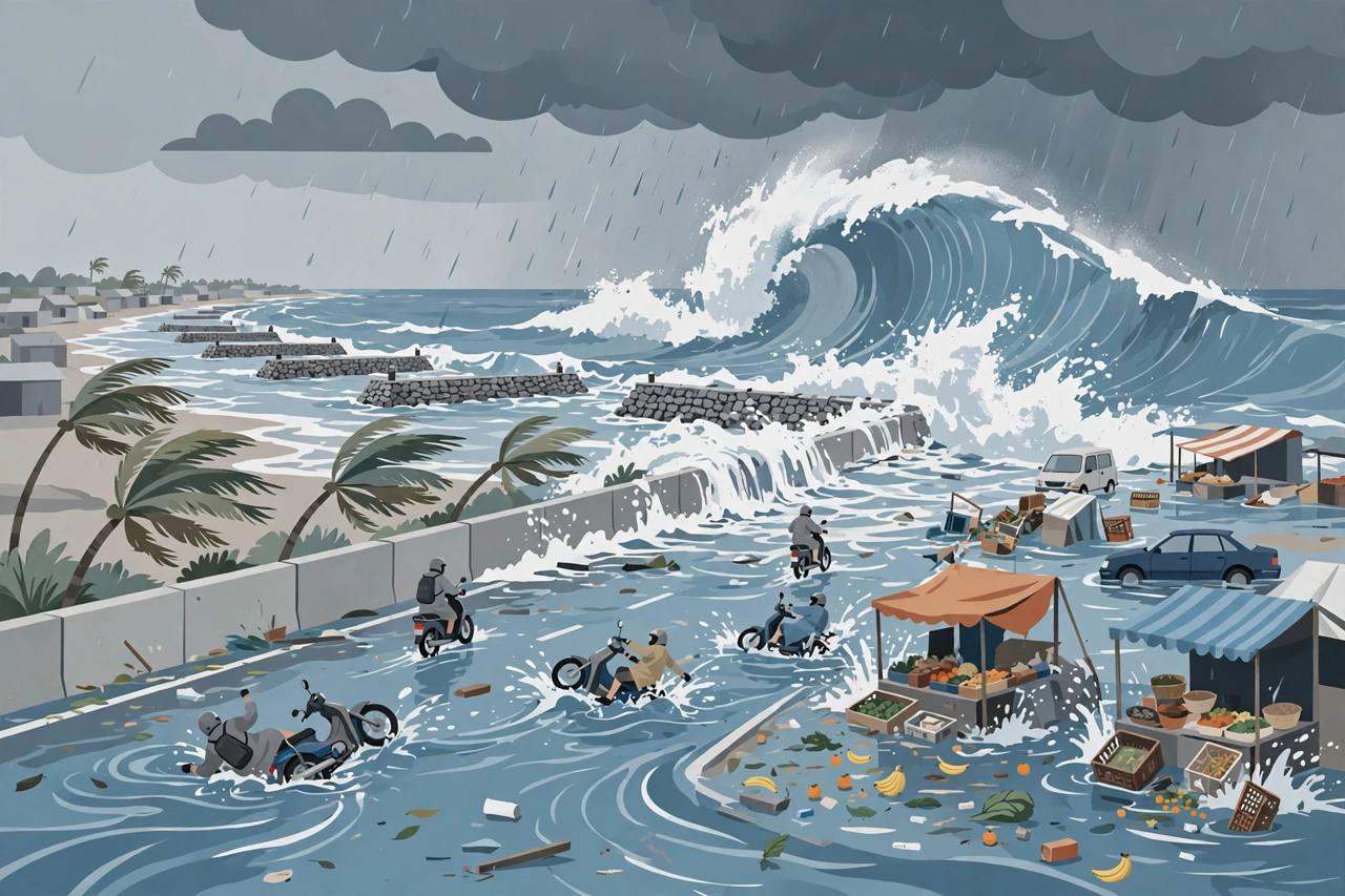 Editorial illustration of huge ocean waves surging over the Ennore Expressway coastal road in north Chennai, flooding the road and splashing motorbikes, parked vehicles and roadside stalls under a grey storm sky