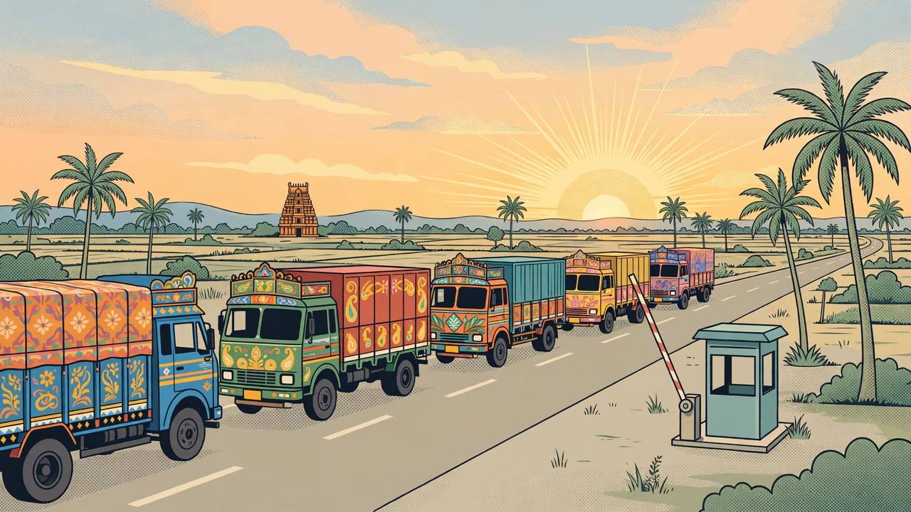 Editorial illustration of cargo trucks driving freely on a Tamil Nadu highway past an empty roadside inspection checkpost with its barrier raised
