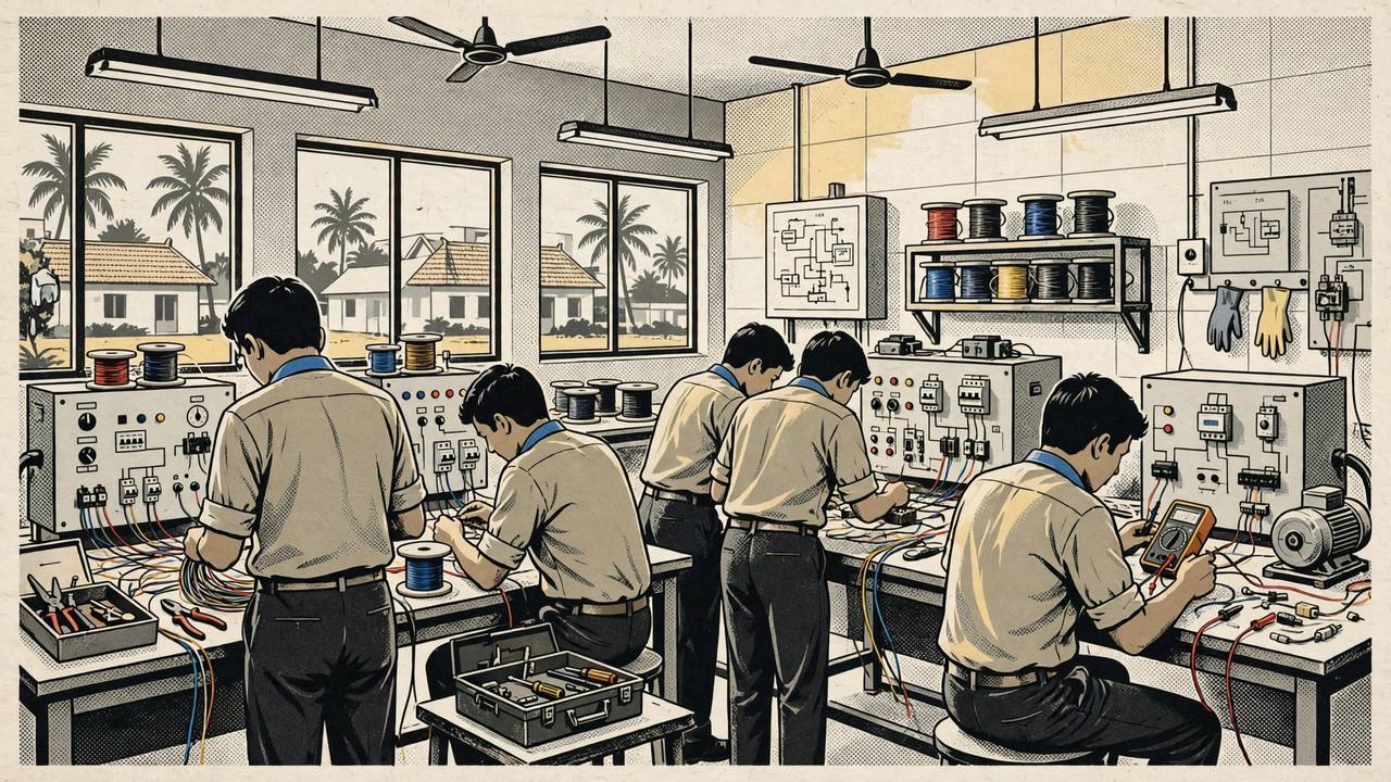 Editorial illustration of students training at electrical workbenches in an industrial training institute laboratory