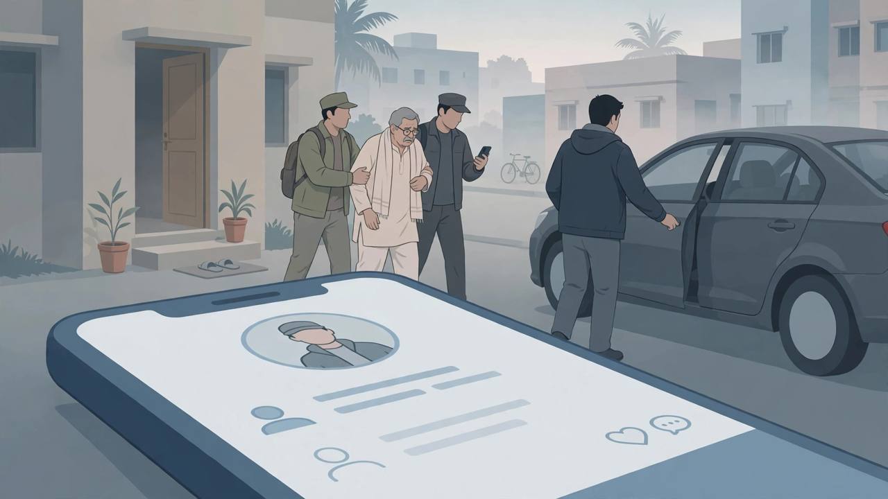 Editorial illustration of plainclothes officers escorting a generic professor figure from his Chennai home to a car at dawn, with a large phone showing a social media profile in the foreground