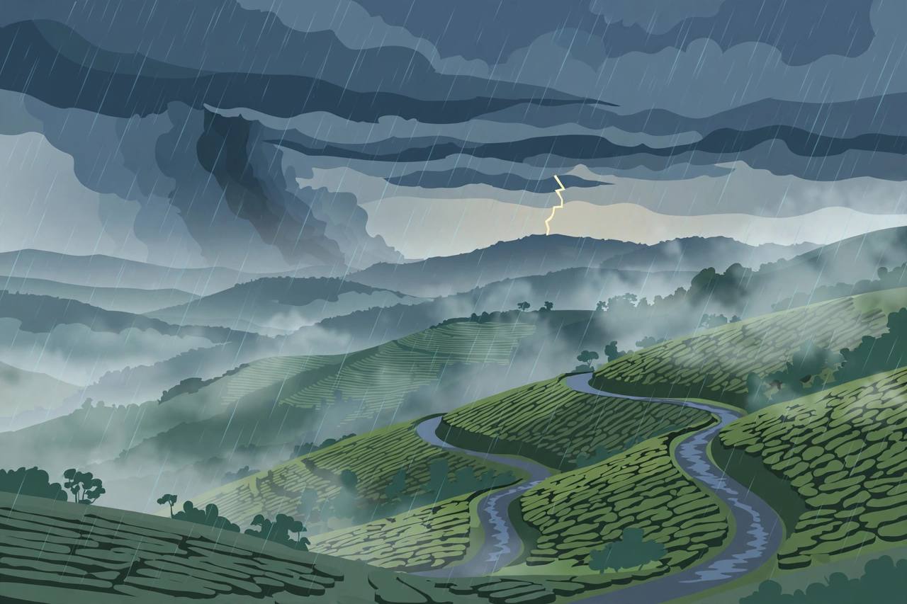 Editorial illustration of a monsoon storm with lightning over the Nilgiris hills and a wet ghat road in Tamil Nadu