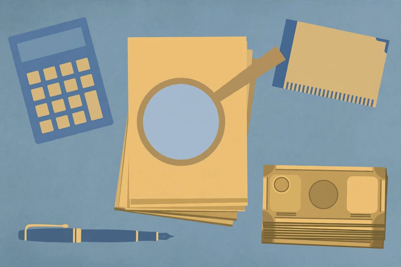 Editorial illustration of loan paperwork, a calculator, a cheque book, a pen and a stack of banknotes on a desk, seen from above