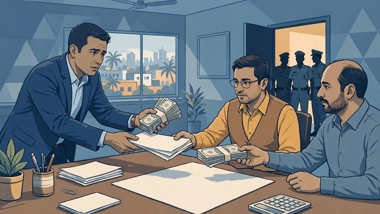 Editorial illustration: a businessman hands cash and signed papers to loan agents across a desk as police enter the office