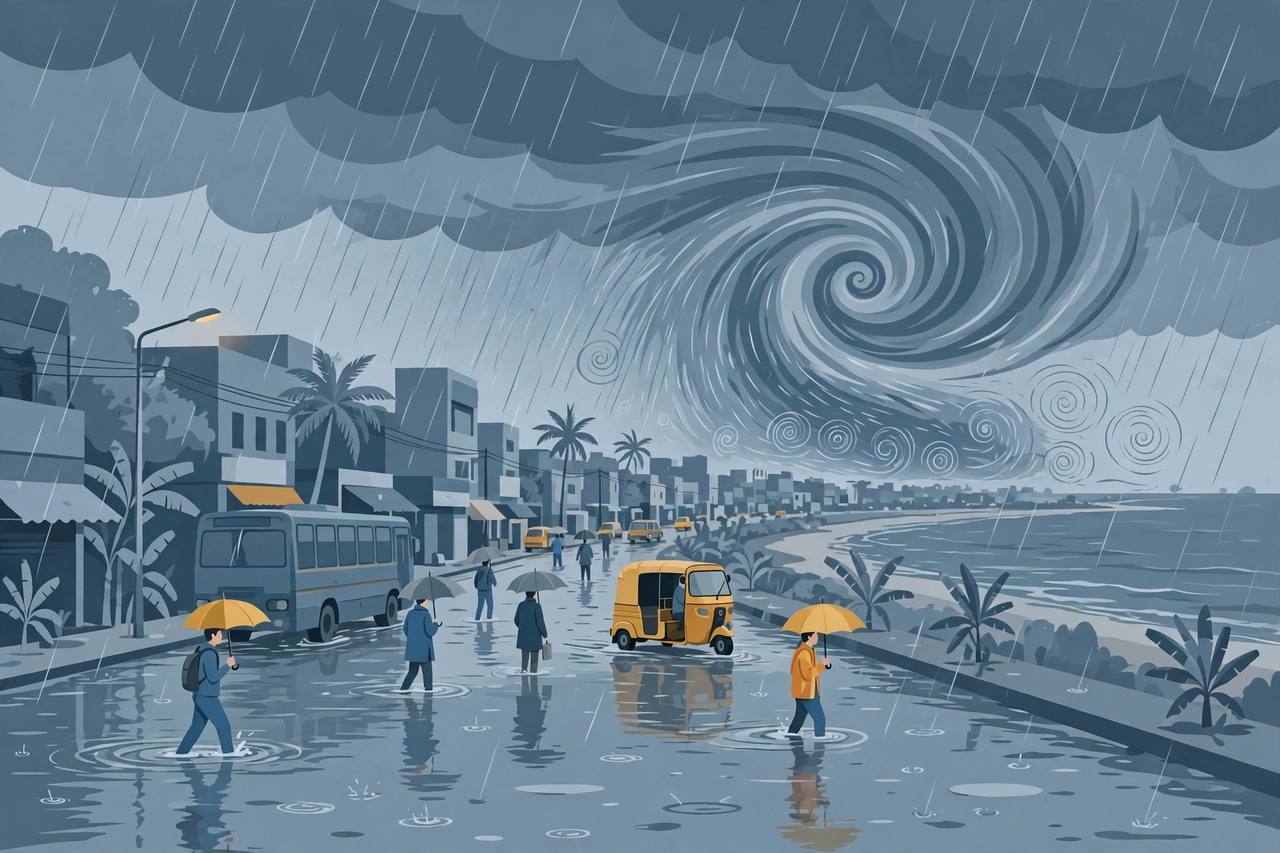 Editorial illustration of a waterlogged Chennai street in heavy monsoon rain
