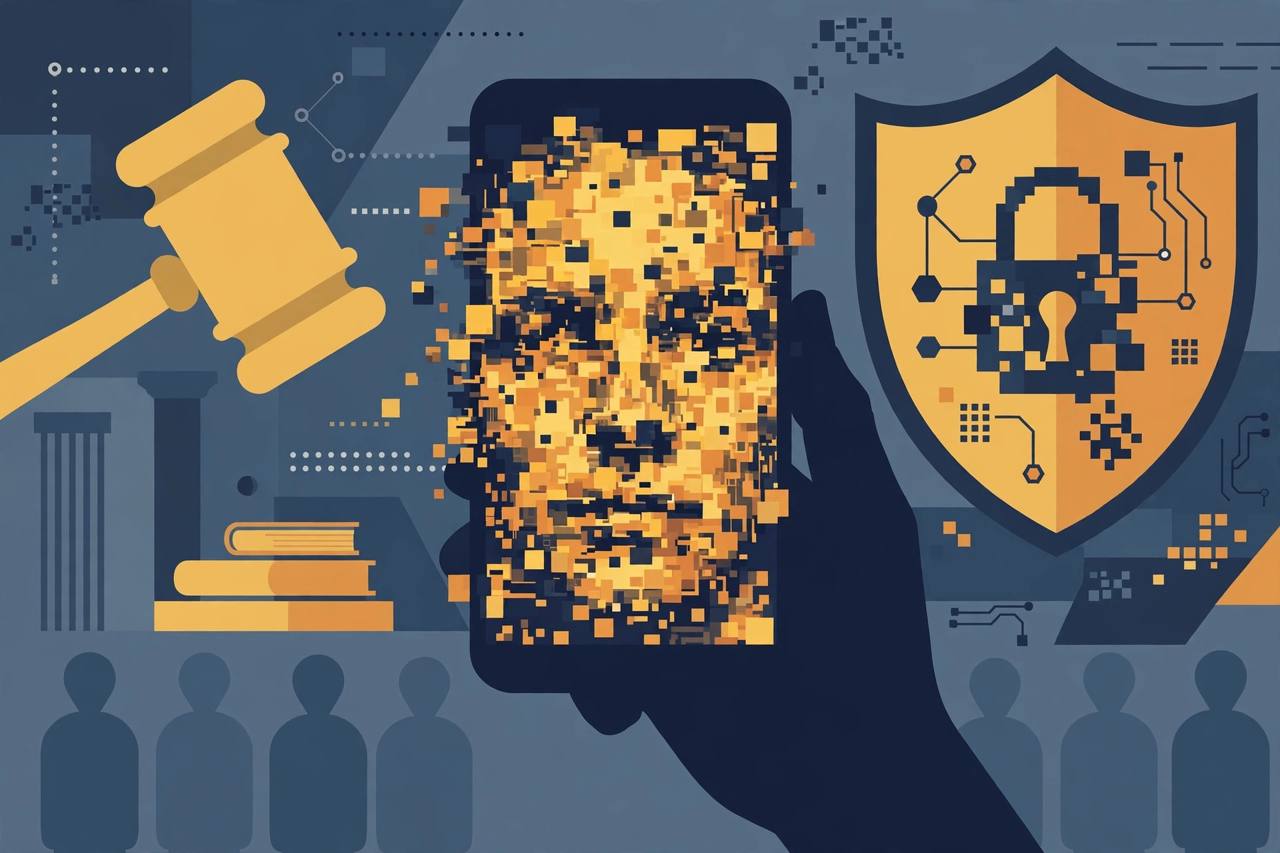 A smartphone showing a glitchy artificial video-call face, with a courthouse gavel in the background (Editorial illustration)