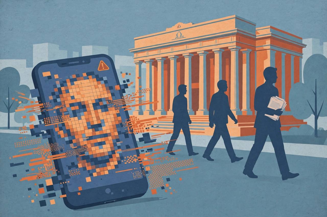 Editorial illustration of a smartphone showing a pixelated generic video face, with a stylised courthouse behind it