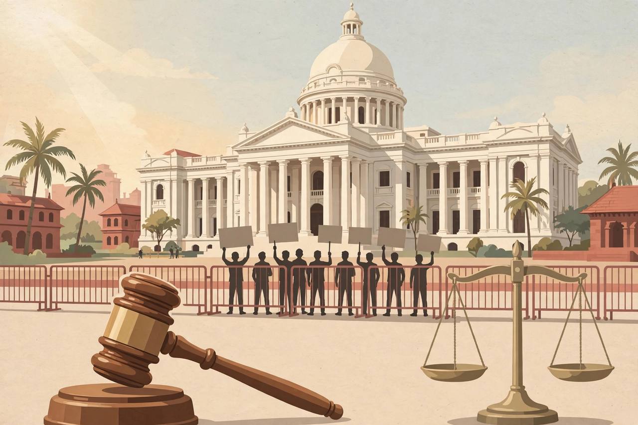 Editorial illustration of a domed courthouse with a gavel and scales of justice in the foreground and silhouetted protesters holding blank placards behind a police barrier