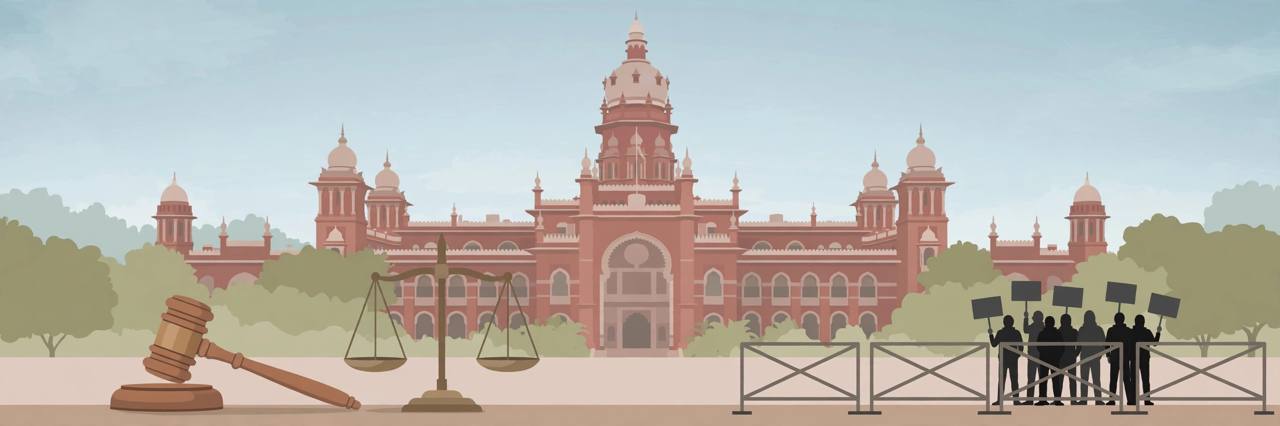 Editorial illustration of the Madras High Court building in Chennai with a gavel, scales of justice and protesters behind a police barricade