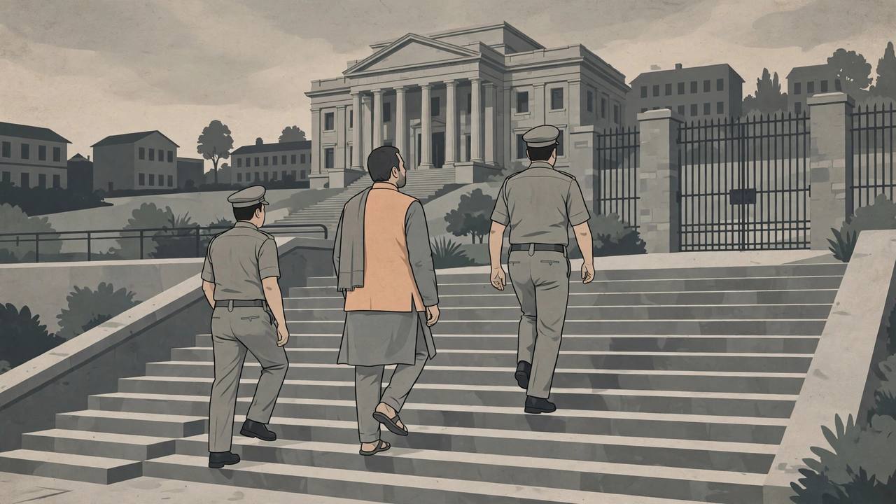 Editorial illustration of a man walking up courthouse steps in Chennai between two police officers, with a prison gate in the background