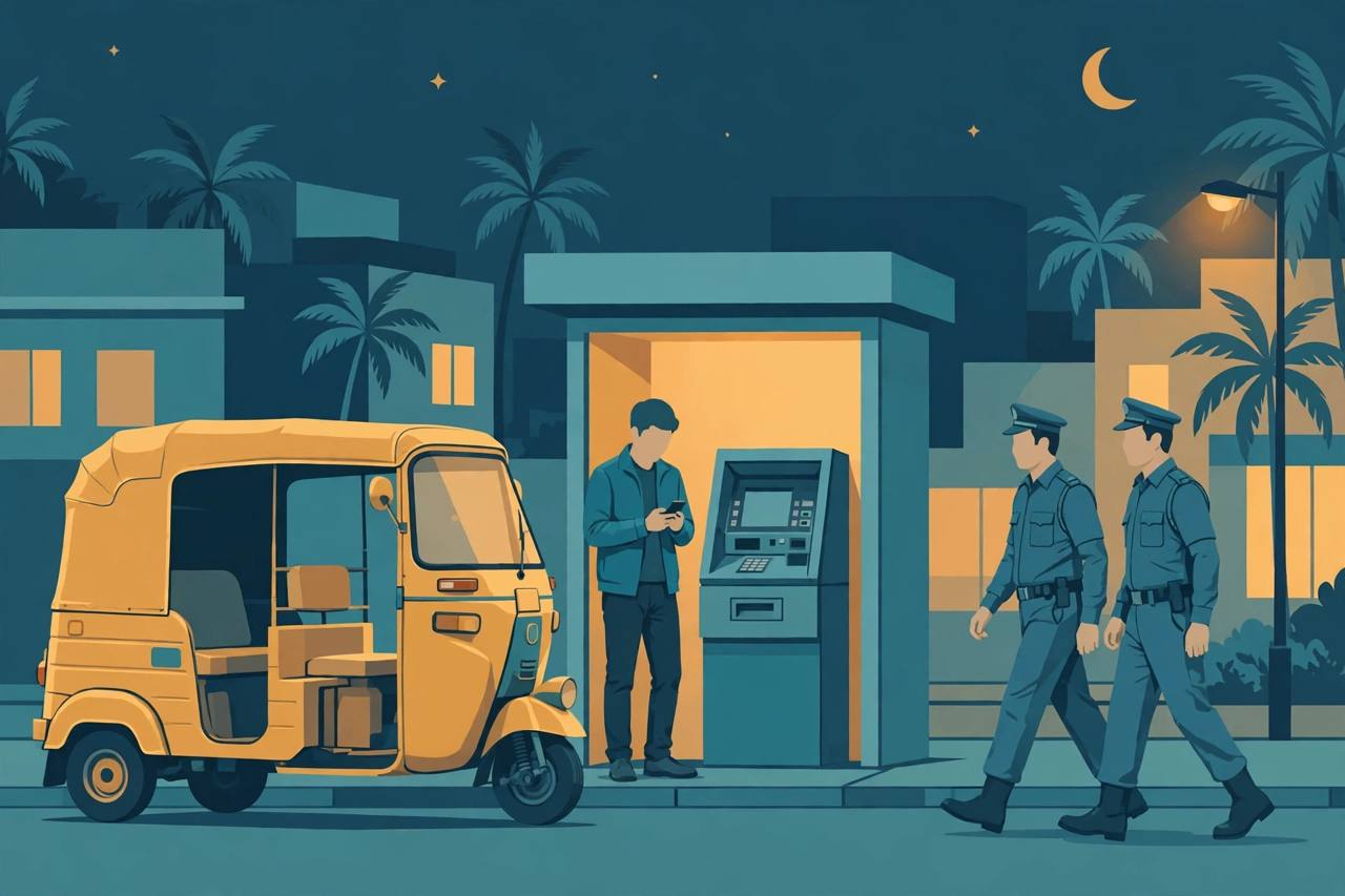 Editorial illustration of an auto-rickshaw beside an ATM kiosk at night in Chennai