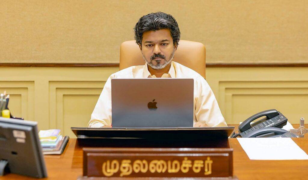 Tamil Nadu Chief Minister Vijay seated at his desk in his office