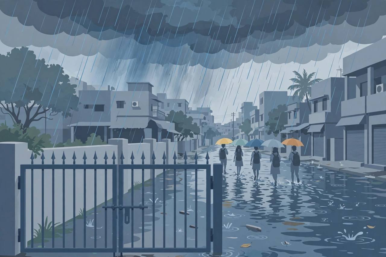 Editorial illustration of heavy rain and a closed school gate in Chennai