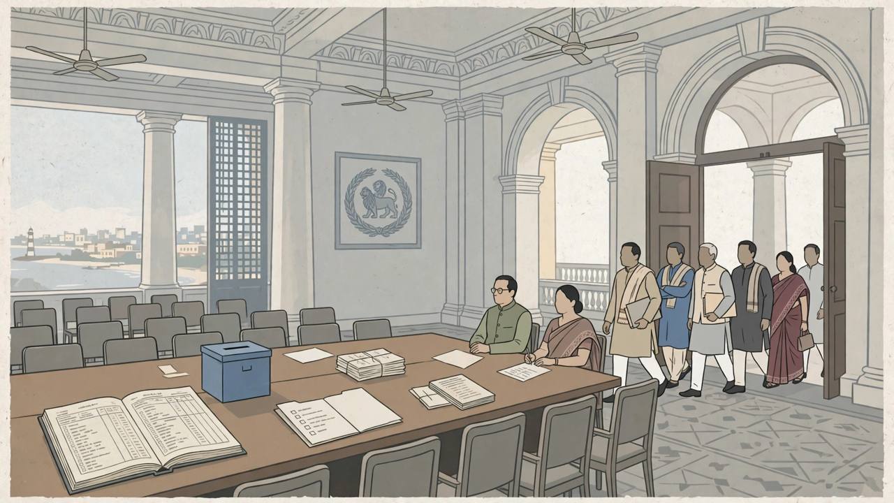 (Editorial illustration) Political party representatives walking out of an electoral-roll revision meeting at the Chennai Secretariat, with a ballot box and registers on the table