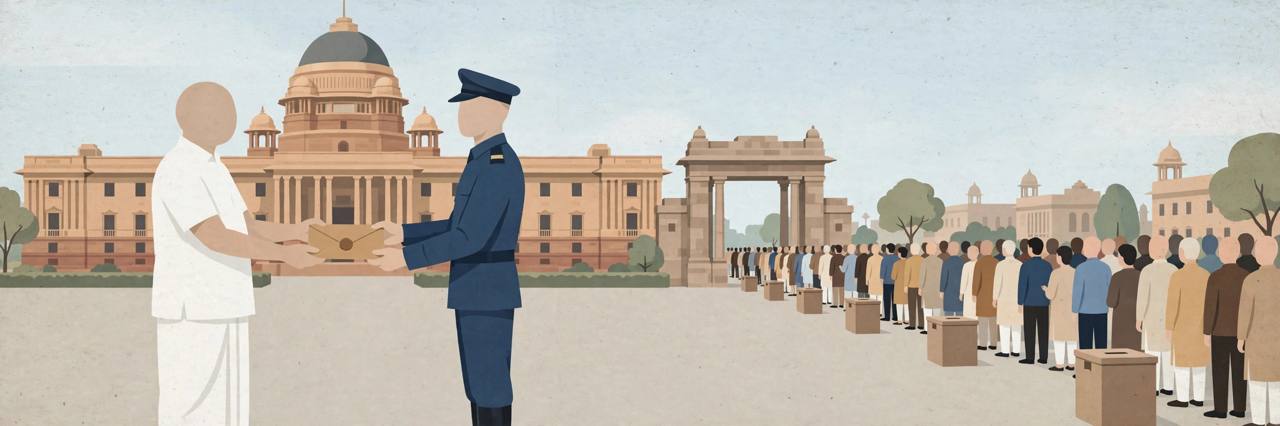 Editorial illustration of a generic political leader handing a sealed memorandum to a guard at a presidential palace in New Delhi with generic voters and ballot boxes in the background